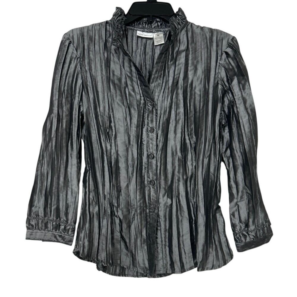 Harvé Benard Y2K Silver Crinkle Metallic Blouse Ruffle Collar Dark Romantic M